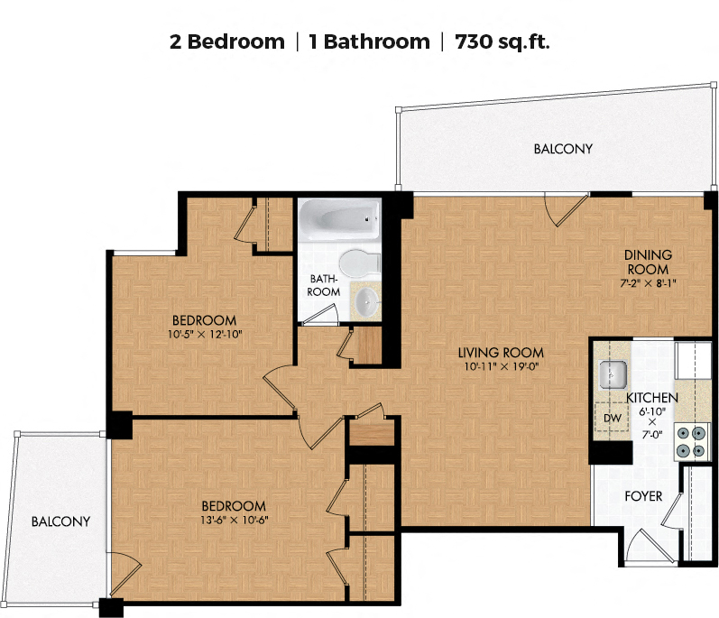 Floor plan for 2 beds, 1 bath, 730 sqft